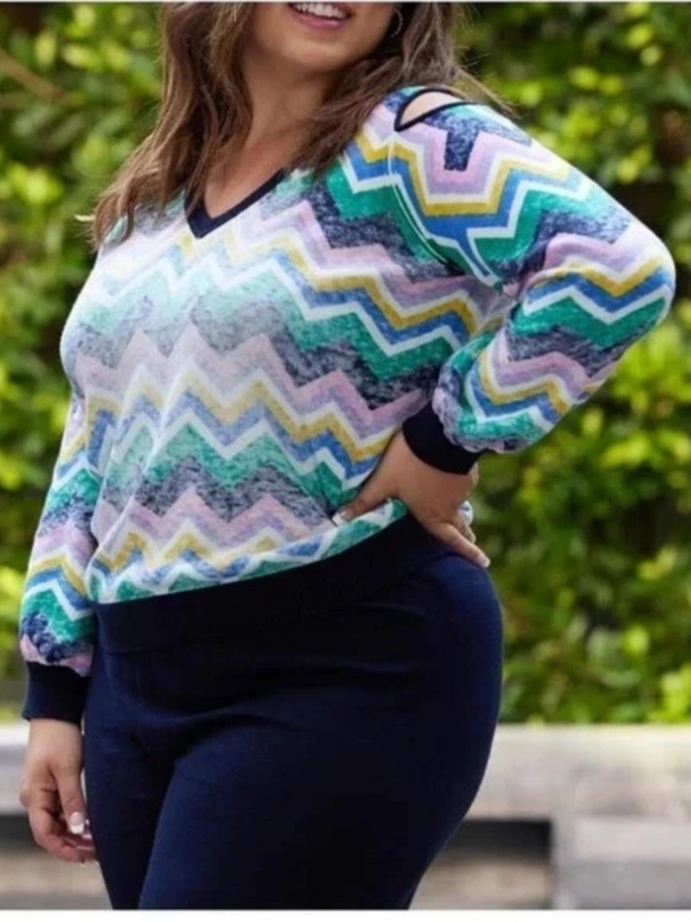 NWT Minnie Rose Cotton Cashmere Chevron Cold Shoulder Sweater - Size 2XL $315CA